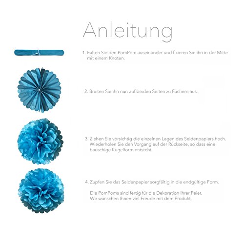 12 Seidenpapier Pompons – Deko Papierblumen in weiß, grün und blau – Pom Poms zur Vintage Dekoration ideal für Ihre Hochzeit, Babyshower (it´s a boy), Kindergeburtstage und sonstigen Feierlichkeiten (pompom) - 7