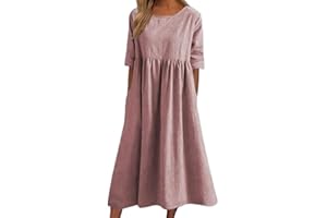 CENUHE 2023 Donne Cotone Lino Abito Manica Corta Crewneck Tasca Abito, Donna Estate Abito