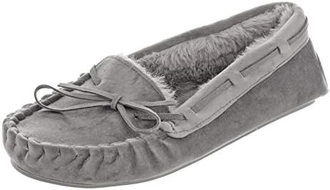 Autumn Faith Luxurious Ladies Moccasins Super Soft Womens Slippers with Faux Suede Velour Uppers Warm Comfortable Faux Fur Lining Hard TPR Outer Soles in Colours Black Navy Grey and Sizes 3 4 5 6 7 8