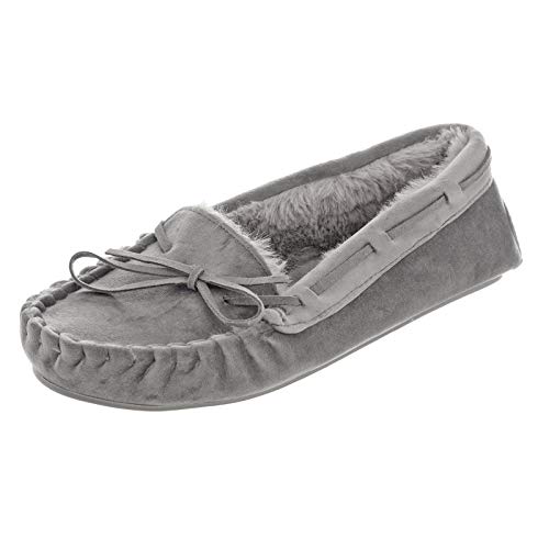 Autumn Faith Luxurious Ladies Moccasins Super Soft Womens Slippers with Faux Suede Velour Uppers Warm Comfortable Faux Fur Lining Hard TPR Outer Soles in Colours Black Navy Grey and Sizes 3 4 5 6 7 8