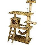 Lethzer Kratzbaum Katzenbaum Katzenkratzbaum mit Höhle Kletterleiter Liegeplattform Spielelemente Farbe Beige mit Pfotenabdruck 140cm hoch