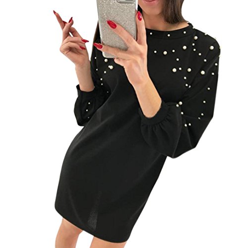 beautyjourney Robe Pull Femme Sexy Grande Taille,Femmes Occasionnels O-Neck Solide Perles à Manches Longues Dames en Vrac Mini Robe Robe Pull Femme Sexy Hiver Robe Pull Femme Sexy Col V (S, Noir)