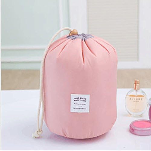Barrel Shaped Travel Cosmetic Bag Nylon High Capacity Drawstring Drum Wash Bags Makeup Organizer Storage (Pink)