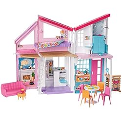 Barbie Mobilier La Maison à Malibu repliable pour poupées, deux étages et plus de 15 accessoires, jouet pour enfant, FXG57