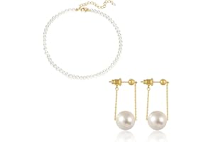 LEEQ 1Pcs Perlenkette Damen,1Pcs All-Match-Perlenohrringe,Perlenkette Herren Perlen Ketten Kurze Runde mit 5 mm Perlen Runde Simulierte Muschelperlen Kette, Choker Halskette für Frauen und Mädchen
