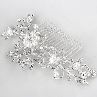 Musuntas Brautschmuck Haarkamm Haarschmuck Perlen warm Weiß Kristall klar Blumen