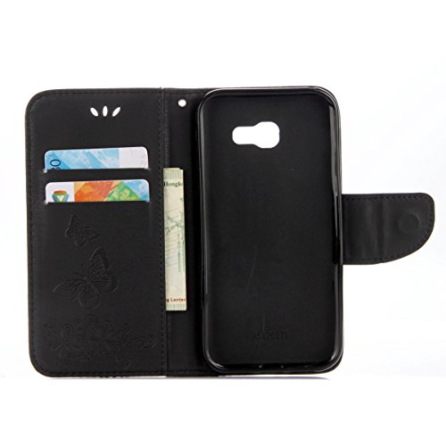Galaxy A5 2017 Hülle,Samsung Galaxy A5 2017 Blumen Case,JAWSEU Retro Prägung Schmetterling Blumen Muster Kunstleder PU Leder Strap Brieftasche Bookstyle Magnetverschluss Schutzhülle Handytasche Case Cover Etui mit [Ständerfunktion] und [Kartenfächer]für Samsung Galaxy A5 2017+1xSchwarz Glitzer Bling Eingabestift-Schwarz Schmetterling - 2