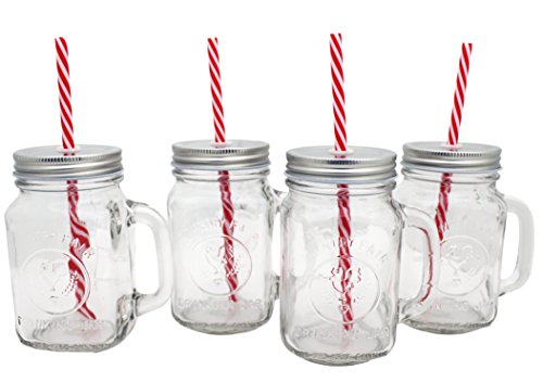 htuk 4 Retro Mason Trinken Gläsern mit Silber Dose und Deckel Trinkhalme Trinken Cocktail Glas Tassen, Griff Set