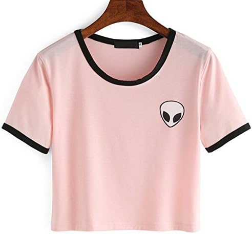 Turbomsun Women Teen Girls 9 Colors Short Sleev Funny Cute Alien Print Exposed Navel T Shirts Crop Top Slim Short Sleeve T-shirt.