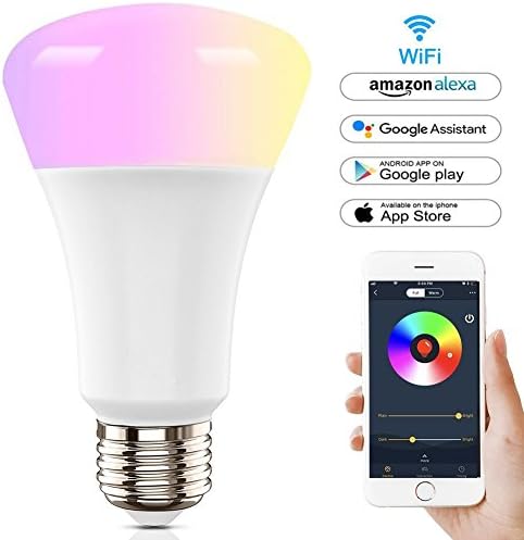 Wifi Smart Light, E27 LED Multicolored Wifi Smart Bulb, No Hub Reqiured, Over 16.7 Million Colors, Controlled by Free APP, Supplementary AP Mode Configuration Way, Works with Amazon Echo and Google Home