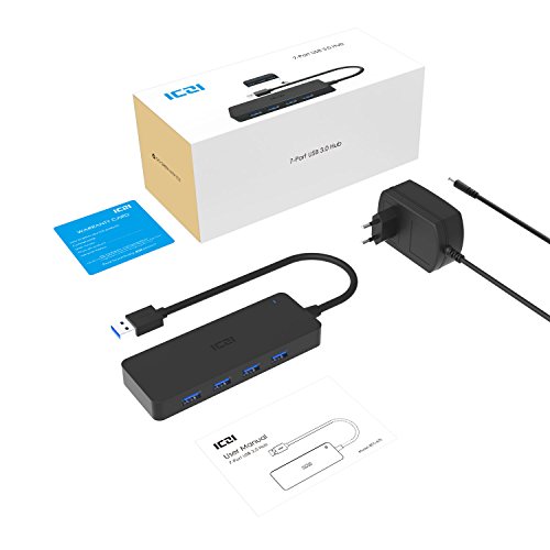ICZI USB 3.0 HUB, 7x USB 3.0 Ports, vernickelt Stecker, schlank Entwurf mehr dünn, für Apple MacBook, Mac Mini, MacPro, Windows Laptops und Ultrabooks, sowie PCs und weiteren USB 3.0 kompatiblen Geräten (Schwarz) - 7