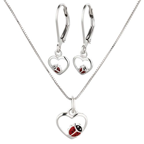 SL-Silver Set Pendentif Boucles d'oreilles Chaîne avec Coccinelle pour Enfant en Argent 925 en Forme de cur Coffret Cadeau Longueur de la chaîne 38/40 cm