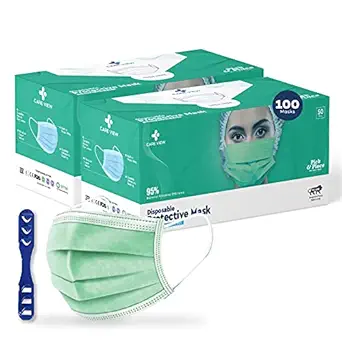 Medohealthy Careview 3 Ply Disposable Face Masks (Pack of 100,Green) with nose pin BIS, (ISI) Certified mask with Melt blown layer