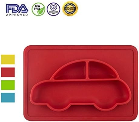 One-piece Silicone Placemat,Highchair and Travel Feeding Tray Portable Baby Suction Placemat Silicone Divided Plate Baby Weaning Food Plate Age 6 Months+,Red Car