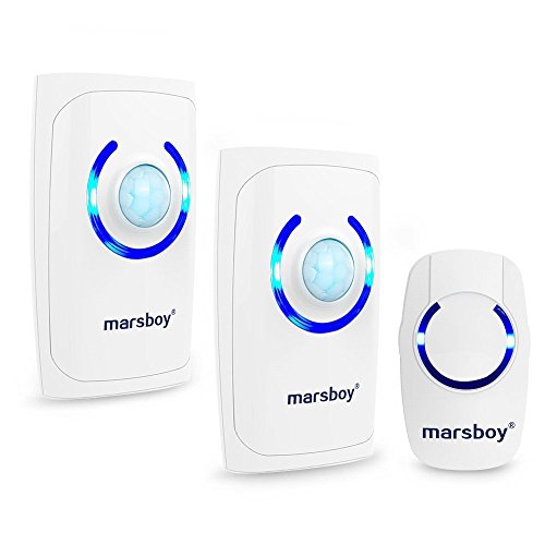 Funkklingel 2 Empfänger 1 Sender, Marsboy 4-in-1 Multi-Funktion Tragbare Wassergeschützte Funk Türklingel Kit,mit Anti-Diebstahl-Alarmanlage,Bewegungsmelder, Notfallblinklicht (Weiß)