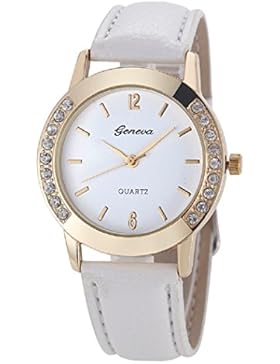 ★ Loveso ★-Armbanduhr elegant Genf Art und Weise Frauen-Diamant analoge lederne Quarz-Armbanduhr Uhren_Weiß
