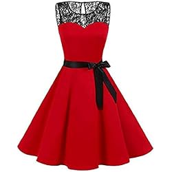 SHOBDW Vestidos Mujeres 50 Años Sin Mangas De Talla Grande Ahueca hacia Fuera El Lunares Cortos De Encaje Vintage Swing De Cintura Alta Plisado Fiesta De Noche Mini Vestido