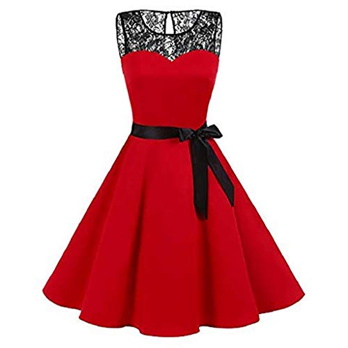SHOBDW Vestidos Mujeres 50 Años Sin Mangas De Talla Grande Ahueca hacia Fuera El Lunares Cortos De Encaje Vintage Swing De Cintura Alta Plisado Fiesta De Noche Mini Vestido