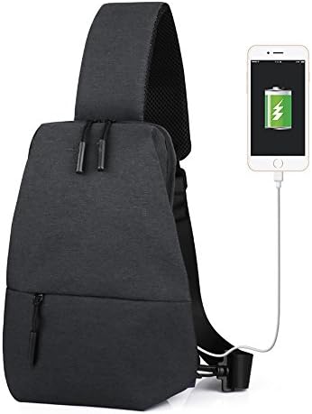 Erencook Sling Bag Small Shoulder with USB Charging Port Crossbody Canvas Chest Bag for Men Women Lightweight Hiking Travel Backpack Daypack Black Gray (Black)