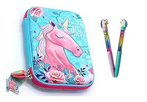 Mistazzo Stylish Unicorn Print Large Capacity Hardtop EVA Pencil Case with 2 Unicorn Pens Organizer School Kids Girls Women Pen Holder Pouch Multipurpose