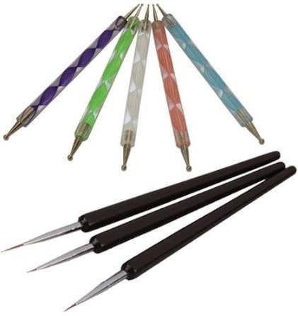 Beautylife 5 Pcs 2 Way Nail Art Tool Marbleizing Dotting Pen + 3 Pcs Tiny Nail Art Acrylic Tip Brush Liner Drawing Pen Tool Set