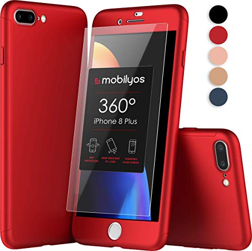 Mobilyos Funda iPhone 8 Plus 360 Grados Completa - Carcasa Integral con Protector de Pantalla de Vidrio Templado para Apple iPhone 8 Plus - Funda Delantera y Trasera con Cristal Templado (Rojo)