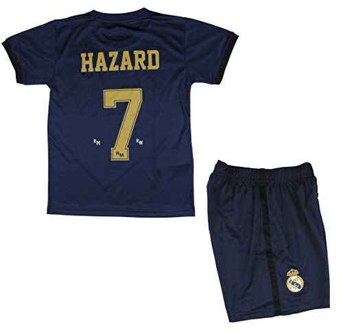 Real Madrid Conjunto Camiseta y Pantalón Segunda Equipación Infantil Hazard Producto Oficial Licenciado Temporada 2019-2020 Color Blanco (Azul Marino, Talla 14)