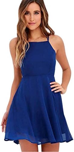 Women's Chiffon Bandage Back Crisscross Spaghetti Strap Summer Dress Miniskirt Wedding Evening Party Prom Cocktail Sleeveless Mini Dress (Blue, M)