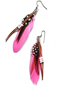 Trend Federohrringe Wild Westina Rosa, Silbern Mit Schwarzen, Rotbraunen und Gepunkteten Federn, Lederbändchen...