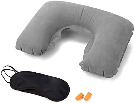 PACK OF TWO Inflatable Blow up Neck Pillow with Eyemask &amp; Earplugs for Holiday and Travel Comfort. Compact and light for Easy Storage. “U” Shape for neck comfort (Grey)