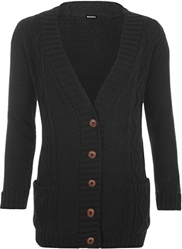 Womens Cable Knitted Button Cardigan Long Sleeve Ladies Boyfriend Top - Black - 8/10
