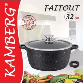 Kamberg - 0008034 - Faitout 32 cm - Fonte d'Aluminium - Revêtement type pierre - Couvercle en verre - Tous feux dont induction - Sans PFOA