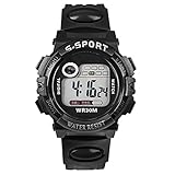 Digitale, wasserdichte Armbanduhr für Herren mit Gummiarmband für Outdoor und Sport, LED, Quartzuhrwerk mit Alarm, Datum und Nachtlicht, in Grau