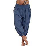 Damen Pumphose cinnamou Hosen Solid Elastische Taille Yoga Capris Boho Check Hosen Sommer Elegant Leicht Hohe Taillen Freizeithose Haremshose Lange Hose (S, Blau)