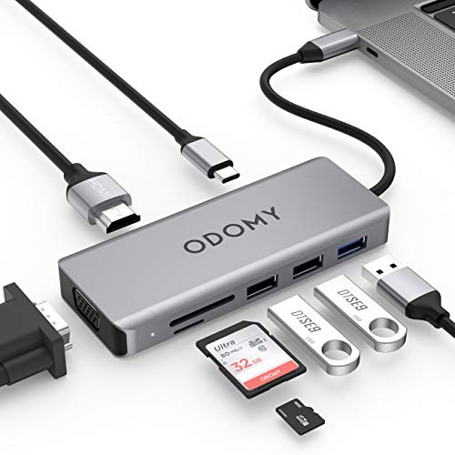 ODOMY USB C Hub - Adattatore per PC Type-C, Cellulare e Switch - VGA, Audio, USB-C, HDMI 4K & 2K, USB 3.0 Port, USB 2.0 Port * 2, Lettore di schede SD/TF - 9 in 1 Multiport