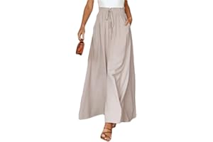 Osheoiso Pantalon Femme Élégant Pantalon Couleur Unie Taille Elastique Grande Taille Casual Pantalon avec Poches Léger Élastique pour Eté Jambe Large Palazzo Pantalons