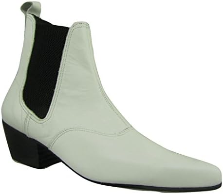 Mens White Leather Chelsea Beatle Beat Retro Boots Cuban Heel Pointed Toe (UK 11 / EU 45)