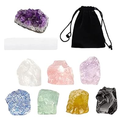 Crystals And Healing Stones For Beginners - 7 Raw Chakra Crystals, Selenite Stick, Amethyst Cluster, Large Rose Quartz & Black Tourmaline, Amethyst For Chakra Balancing Meditation Tumbling Cabbing