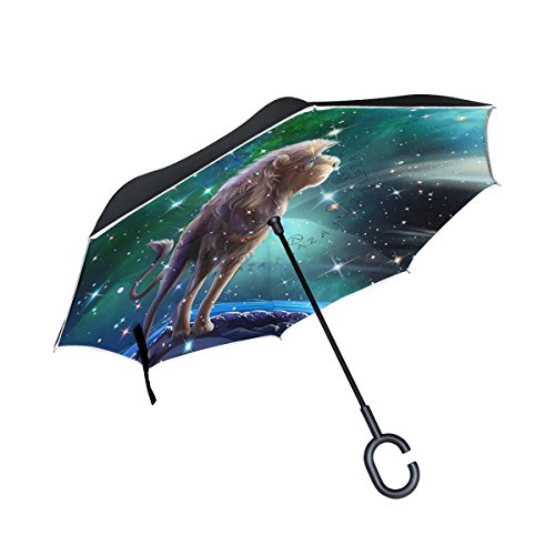 Preisvergleich Produktbild isaoa Große Schirm Regenschirm Winddicht Doppelschichtige Konstruktion seitenverkehrt Faltbarer Regenschirm für Auto Regen Außeneinsatz, C-förmigem Henkel Regenschirm niedlicher LÖWE Regenschirm