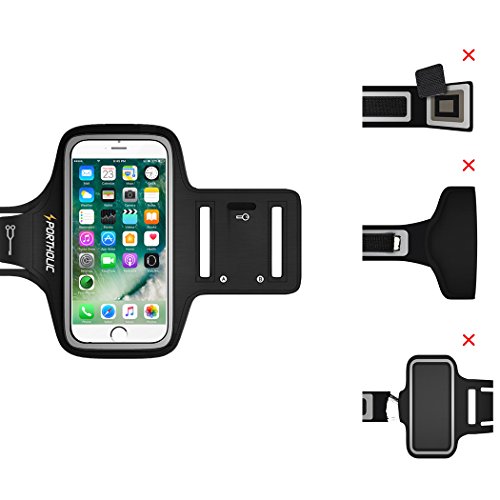 PORTHILIC Wasserfestes Sport-Armband iPhone,Android–LEBENSLANGE GEWÄHRLEISTUNG – Mit Schlüsselhalter, Kabelfach, Kartenhalter für iPhone 7/6/6S,Galaxy S7/S6/S5,iPhone 5/5S/SE bis 5.1 Inch (Schwarz) - 6