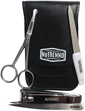 Professional Quality 4 Piece Manicure/Pedicure Kit by NuTRENND | High Carbon Stainless Nail Clippers, Scissors, Nail File and Tweezers | Stylish Leather Storage Pouch | Perfect for Home or Salon |