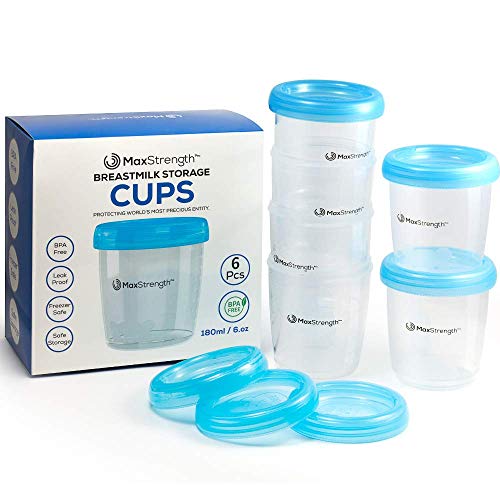 Breastmilk Storage Containers with Leak Proof Lids by Max Strength Pro, 6.oz 180ml Reusable Breast Milk Cups, Best for Collection & Storage Solution, BPA Free Pots, Freezer & Dishwasher Safe (6pc)