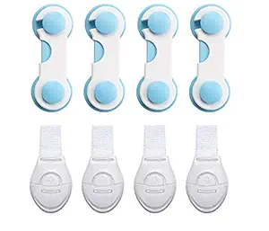 QUICKSHOP Baby proofing Safety Lock and Latch for Drawers, Cupboard, Sliding Doors, Fridge, Window, Cabinet for Child Safety I White & Blue (Pack of 8)