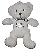 Oso de peluche Oso blanco de peluche con Amo Butch en la camiseta (nombre de pila/apellido/apodo)