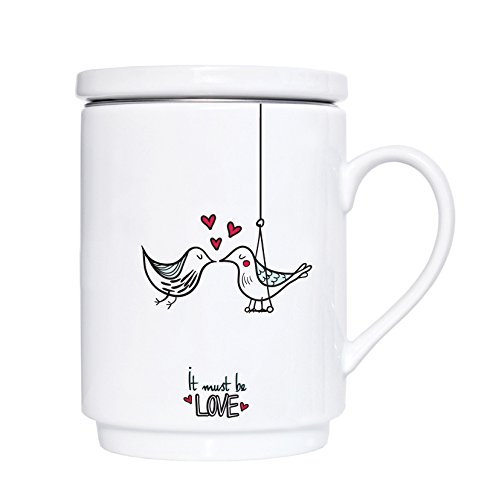 We Love Home - Taza de té de porcelana con tapa + filtro metálico inox 25 cl. estilo nórdico modelo Love