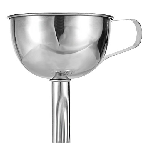 Trichter aus Edelstahl mit Siebeinsatz und Henkel, Trichterauslaufsdurchmesser 1.5 cm, Durchmesser 15 cm