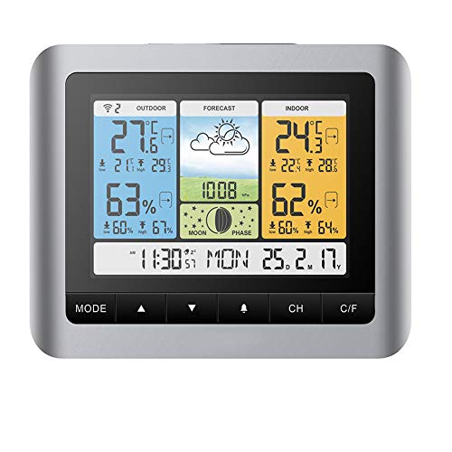 AOZBZ Estación meteorológica Digital Colorido Pronóstico del Tiempo Barómetro Termómetro Higrómetro Fase Lunar Sensor inalámbrico Pantalla LCD Reloj Despertador