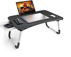 GoRogue Foldable Wooden Mini Laptop Table for Bed, Study Table with Drawer, Tablet/Mobile Holder for Kids & Adults (Black)