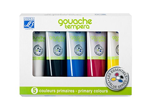 Lefranc Bourgeois Set de 5 Gouaches 120 ml Jaune/Rouge/Bleu/Blanc/Noir