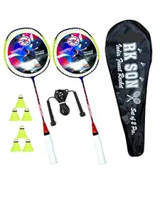 RK SON Badminton Rackets Set of 2 for Kids & Adults with 6 Piece Shuttles Steel Shaft Badminton Racquet Shuttlecock Combo Kit with Cover Bag & Skipping Rope